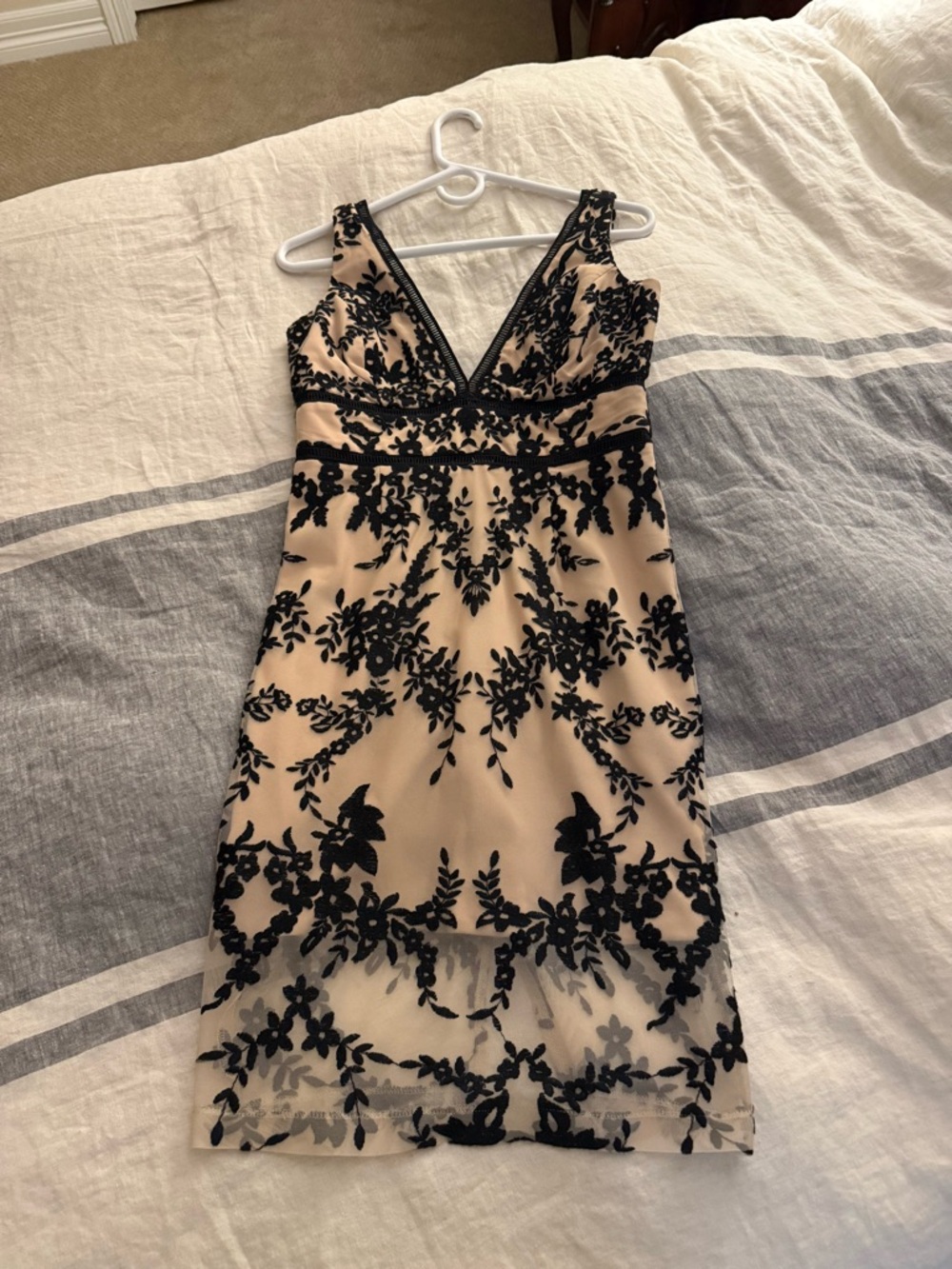 Bardot Nude and Black V-Neck Floral Lace Mini Dress
